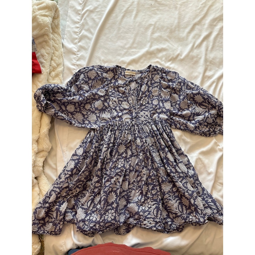 Daughters of India Kyra Mini Swing Dress Blue Floral print Cotton Boho Small